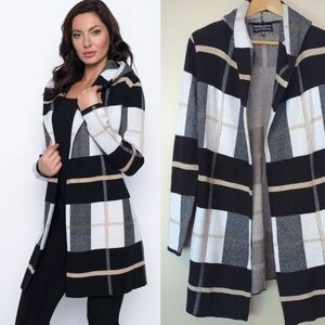 Frank Lyman Long Hooded Plaid Sweater Jacket